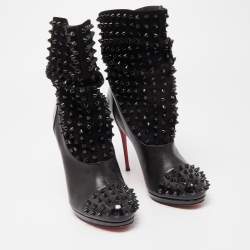 Christian Louboutin Black Patent Leather and Suede Spike Wars Ankle Boots Size 36