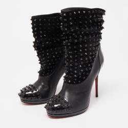 Christian Louboutin Black Patent Leather and Suede Spike Wars Ankle Boots Size 36