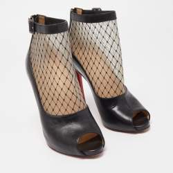 Pre Owned Christian Louboutin Black/Beige Mesh and Leather Ankle Boots Size 36 