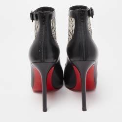Pre Owned Christian Louboutin Black/Beige Mesh and Leather Ankle Boots Size 36 