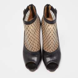 Pre Owned Christian Louboutin Black/Beige Mesh and Leather Ankle Boots Size 36 