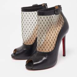 Pre Owned Christian Louboutin Black/Beige Mesh and Leather Ankle Boots Size 36 