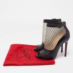 Pre Owned Christian Louboutin Black/Beige Mesh and Leather Ankle Boots Size 36 
