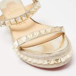Pre Owned Christian Louboutin Gold Leather Pyraclou Wedge Sandals Size 39