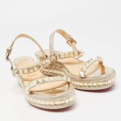 Pre Owned Christian Louboutin Gold Leather Pyraclou Wedge Sandals Size 39