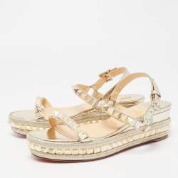 Pre Owned Christian Louboutin Gold Leather Pyraclou Wedge Sandals Size 39