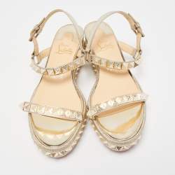 Pre Owned Christian Louboutin Gold Leather Pyraclou Wedge Sandals Size 39