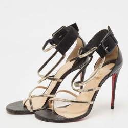 Pre Owned Christian Louboutin Black/Gold Leather and Suede Ankle Strap Sandals Size 38