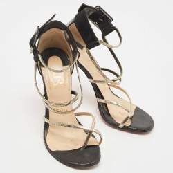 Pre Owned Christian Louboutin Black/Gold Leather and Suede Ankle Strap Sandals Size 38