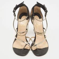 Pre Owned Christian Louboutin Black/Gold Leather and Suede Ankle Strap Sandals Size 38
