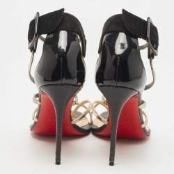 Pre Owned Christian Louboutin Black/Gold Leather and Suede Ankle Strap Sandals Size 38