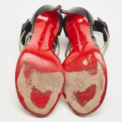 Pre Owned Christian Louboutin Black/Gold Leather and Suede Ankle Strap Sandals Size 38