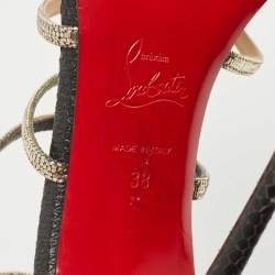 Pre Owned Christian Louboutin Black/Gold Leather and Suede Ankle Strap Sandals Size 38