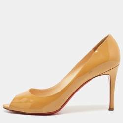 Pre Owned Christian Louboutin Beige Patent Leather Matar Claude Peep Toe Pumps Size 40.5