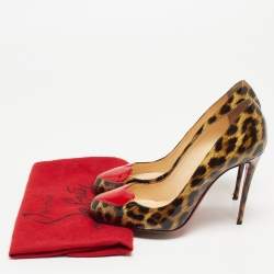 Pre Owned Christian Louboutin Brown/Beige Leopard Print Patent Leather Doracora Pumps Size 38