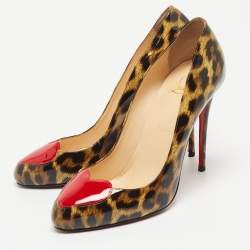 Pre Owned Christian Louboutin Brown/Beige Leopard Print Patent Leather Doracora Pumps Size 38