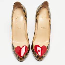 Pre Owned Christian Louboutin Brown/Beige Leopard Print Patent Leather Doracora Pumps Size 38