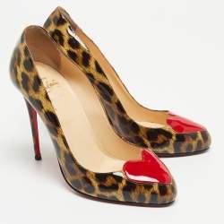 Pre Owned Christian Louboutin Brown/Beige Leopard Print Patent Leather Doracora Pumps Size 38