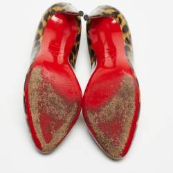 Pre Owned Christian Louboutin Brown/Beige Leopard Print Patent Leather Doracora Pumps Size 38
