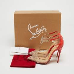Pre Owned Christian Louboutin Two Tone Crystal Embellished Mesh and Patent Leather Salopatina Pumps Size 36.5