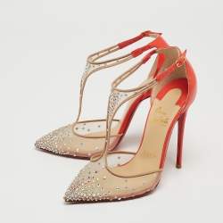 Pre Owned Christian Louboutin Two Tone Crystal Embellished Mesh and Patent Leather Salopatina Pumps Size 36.5