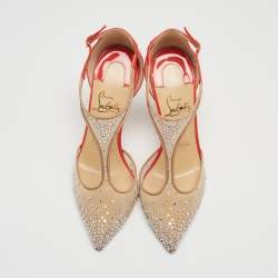 Pre Owned Christian Louboutin Two Tone Crystal Embellished Mesh and Patent Leather Salopatina Pumps Size 36.5