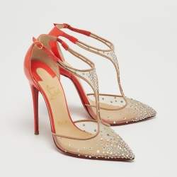 Pre Owned Christian Louboutin Two Tone Crystal Embellished Mesh and Patent Leather Salopatina Pumps Size 36.5