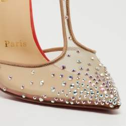 Pre Owned Christian Louboutin Two Tone Crystal Embellished Mesh and Patent Leather Salopatina Pumps Size 36.5