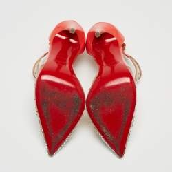 Pre Owned Christian Louboutin Two Tone Crystal Embellished Mesh and Patent Leather Salopatina Pumps Size 36.5