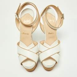 مملوكة مسبقًا Christian Louboutin White Leather Criss Cross Platform Ankle Strap Sandals Size 36.5