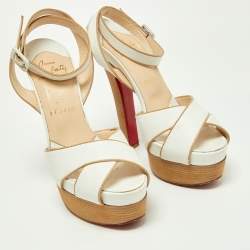 مملوكة مسبقًا Christian Louboutin White Leather Criss Cross Platform Ankle Strap Sandals Size 36.5