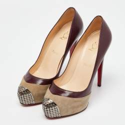 Pre Owned Christian Louboutin Burgundy/Grey Leather and Suede Maggie Platform Pumps Size 40.5