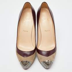 Pre Owned Christian Louboutin Burgundy/Grey Leather and Suede Maggie Platform Pumps Size 40.5