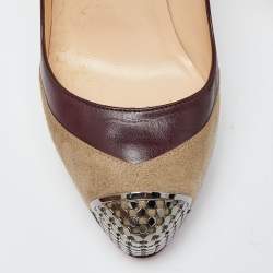 Pre Owned Christian Louboutin Burgundy/Grey Leather and Suede Maggie Platform Pumps Size 40.5