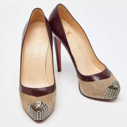 Pre Owned Christian Louboutin Burgundy/Grey Leather and Suede Maggie Platform Pumps Size 40.5