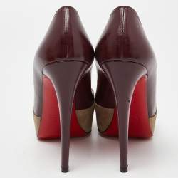 Pre Owned Christian Louboutin Burgundy/Grey Leather and Suede Maggie Platform Pumps Size 40.5