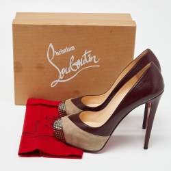 Pre Owned Christian Louboutin Burgundy/Grey Leather and Suede Maggie Platform Pumps Size 40.5