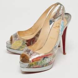 Pre Owned Christian Louboutin Multicolor PVC Trash Collection Lady Peep Sling Pumps Size 38.5