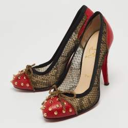 Pre Owned Christian Louboutin Black/Red Lace and Ostrich Leather Candy Spike Round Toe Pumps Size 38