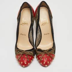 Pre Owned Christian Louboutin Black/Red Lace and Ostrich Leather Candy Spike Round Toe Pumps Size 38