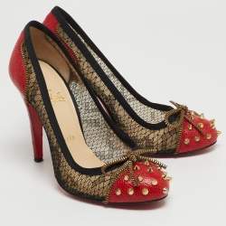 Pre Owned Christian Louboutin Black/Red Lace and Ostrich Leather Candy Spike Round Toe Pumps Size 38