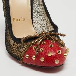 Pre Owned Christian Louboutin Black/Red Lace and Ostrich Leather Candy Spike Round Toe Pumps Size 38