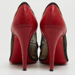 Pre Owned Christian Louboutin Black/Red Lace and Ostrich Leather Candy Spike Round Toe Pumps Size 38