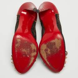 Pre Owned Christian Louboutin Black/Red Lace and Ostrich Leather Candy Spike Round Toe Pumps Size 38