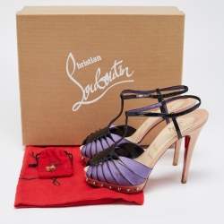 Christian Louboutin Purple/Black Suede and Patent Leather Zigounette Spiked Slingback Sandals Size 38.5
