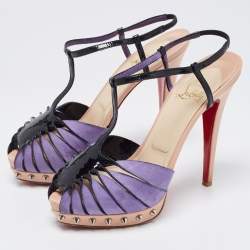 Christian Louboutin Purple/Black Suede and Patent Leather Zigounette Spiked Slingback Sandals Size 38.5