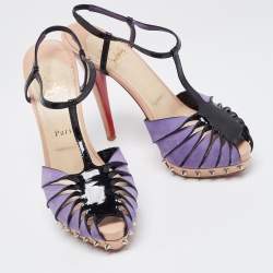 Christian Louboutin Purple/Black Suede and Patent Leather Zigounette Spiked Slingback Sandals Size 38.5