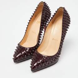 Christian Louboutin Burgundy Patent Leather Pigalle Spikes Pumps Size 37