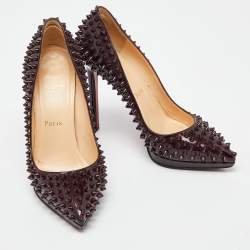 Christian Louboutin Burgundy Patent Leather Pigalle Spikes Pumps Size 37