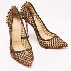 Christian Louboutin Black/Brown Lace and Spiked Leather Guni Pumps Size 37.5